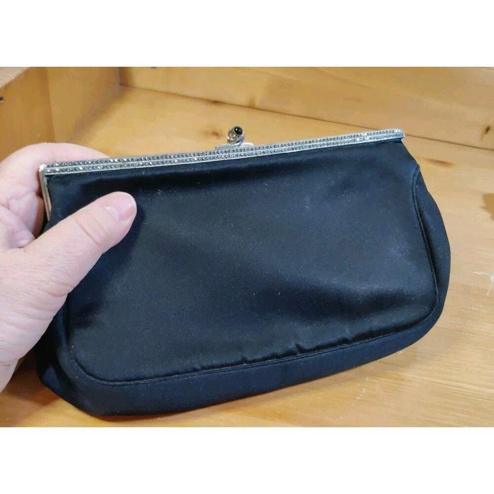 Vtg Morris Moskowitz Kiss Lock Clutch Purse Black Satin Silk Lining Signed ~9x6"